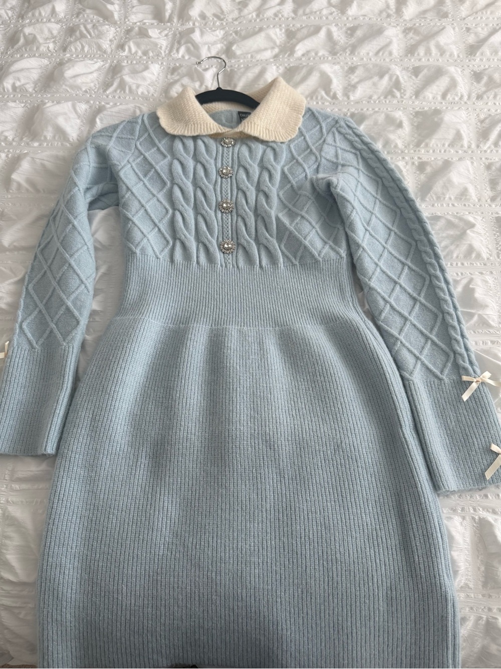 Light Blue Knit Dress with Cream Collar